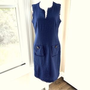 Karl Lagerfeld Paris navy blue sleeveless shift tweed fringe dress Size 10